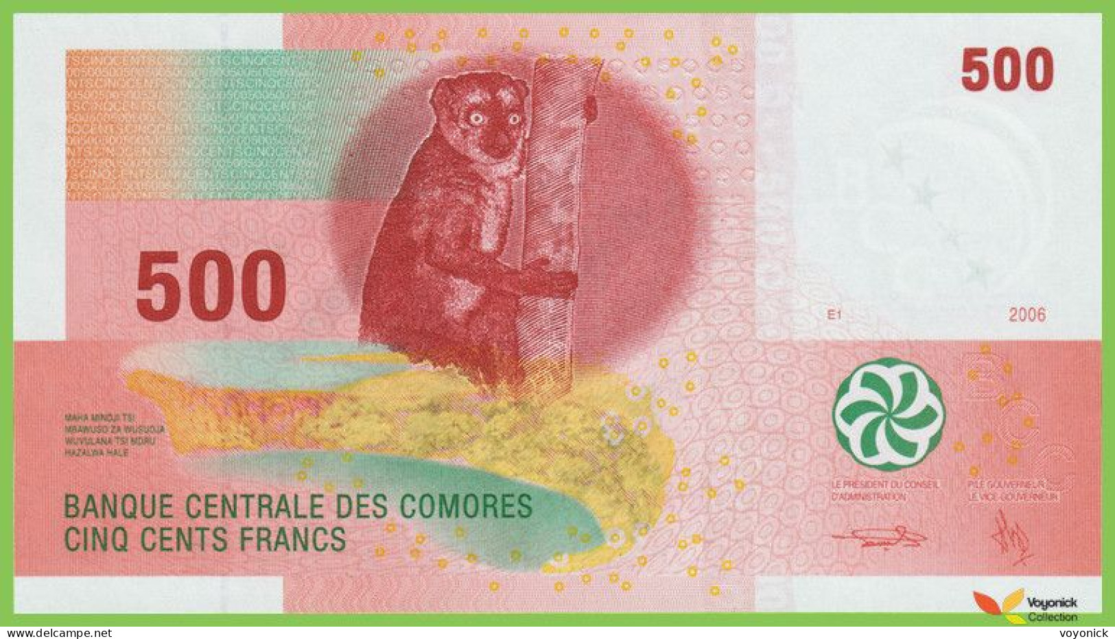 Voyo COMOROS  500 Francs 2006 P15b B306b  P UNC Lemur Orchid - Komoren