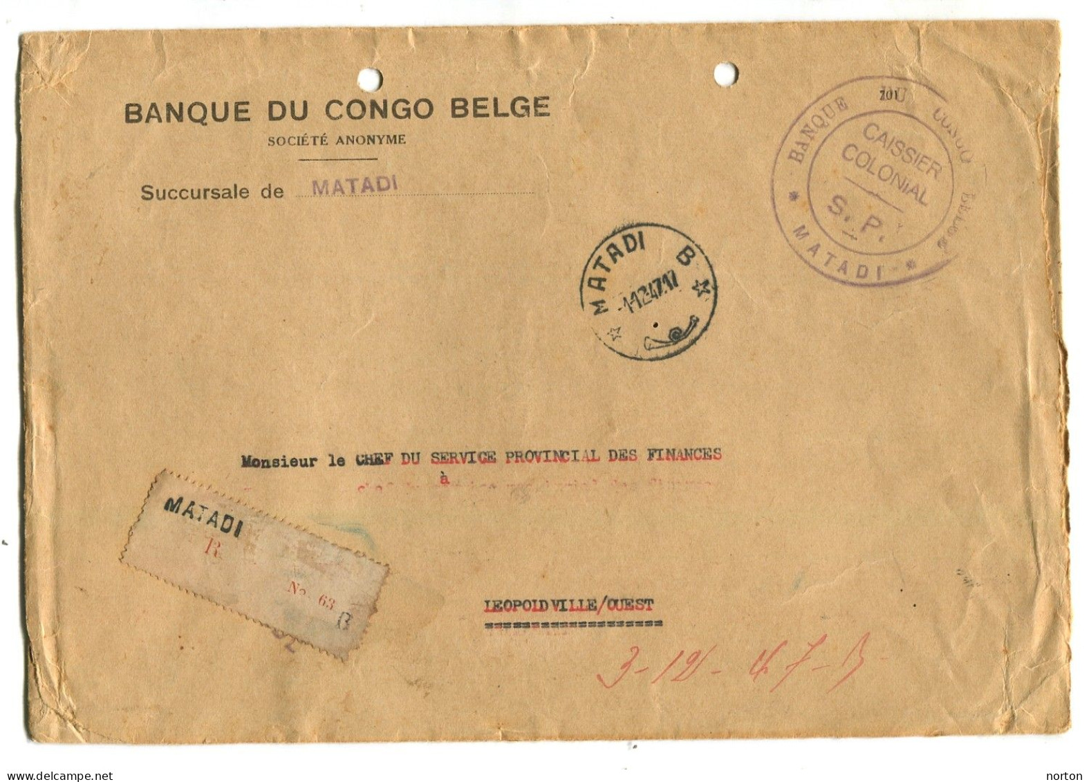 Congo Matadi Oblit. Keach 10(B) Sur Lettre Recommandée Vers Léopoldville Le 01/12/1947 - Lettres & Documents