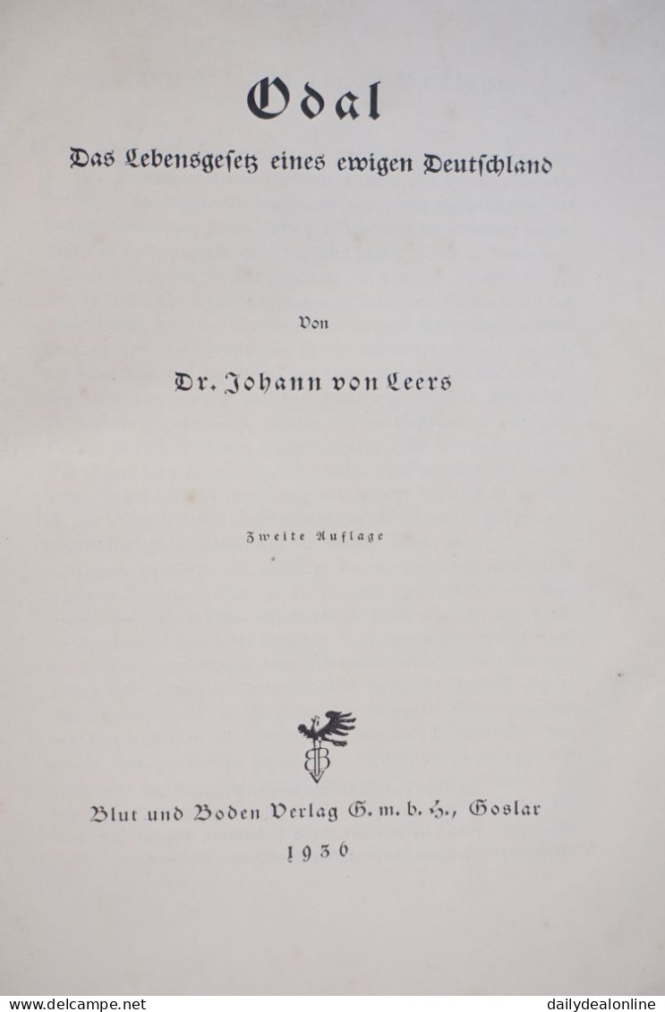 Dr. Johann Von Leers Odal Das Lebensgesetz Eines Ewigen Deutschlands 1936 2. Auflage Boden Verlag - 5. Wereldoorlogen