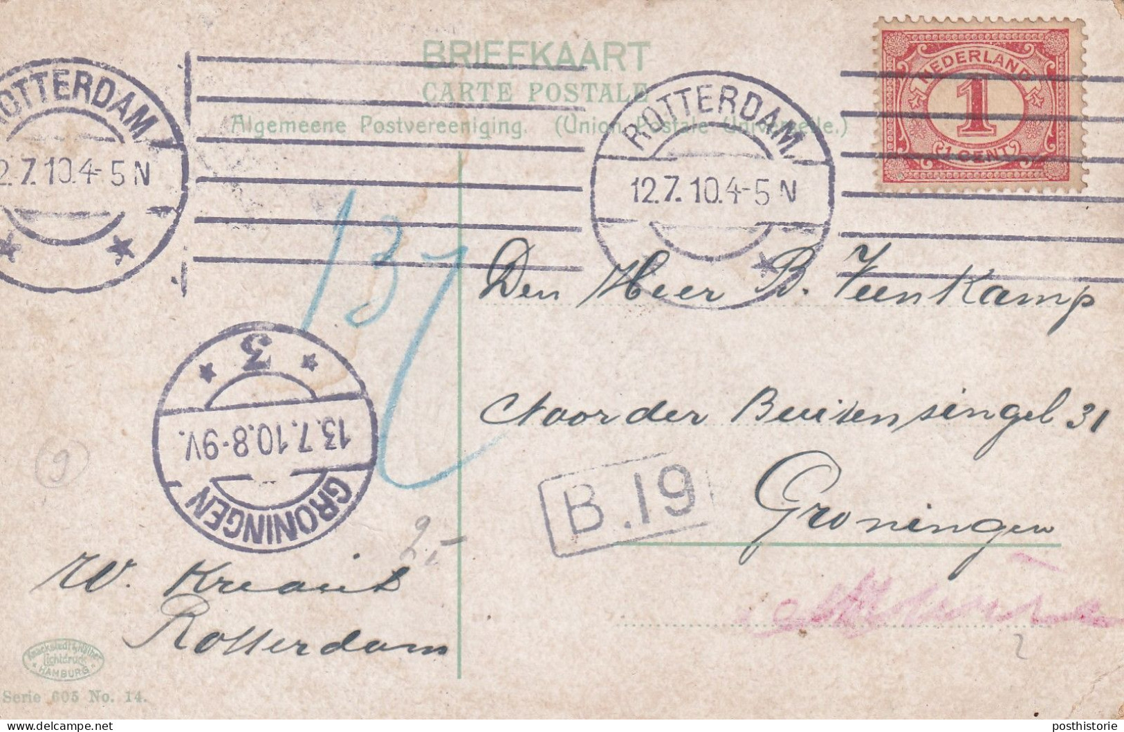 Ansicht Rotterdam 12 Jul 1910 Rotterdam (krag Machine) Naar Groningen *3* (langebalk) - Postal History