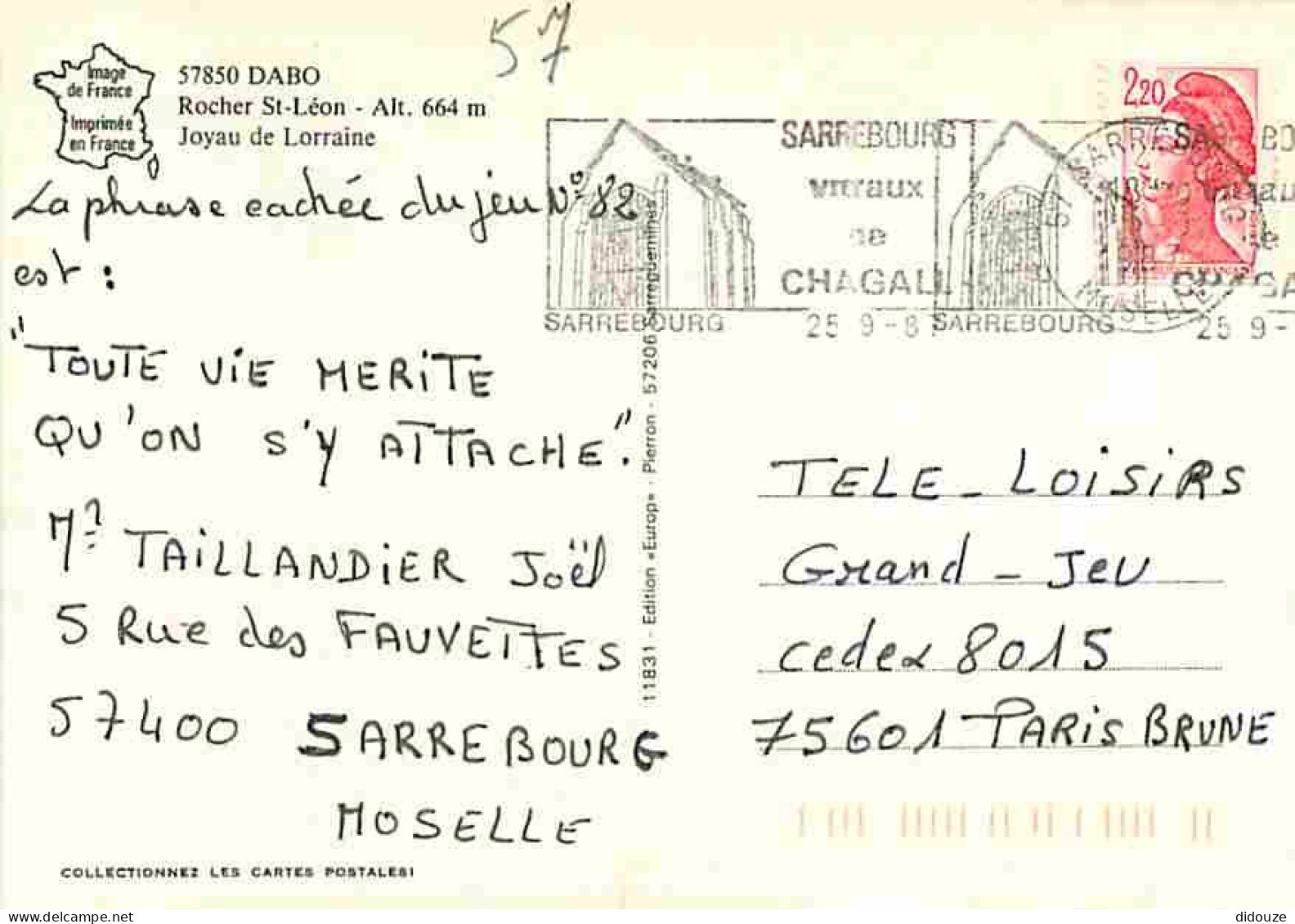 57 - Dabo - Rocher St-Léon - Flamme Postale De Sarrebourg - CPM - Voir Scans Recto-Verso - Dabo