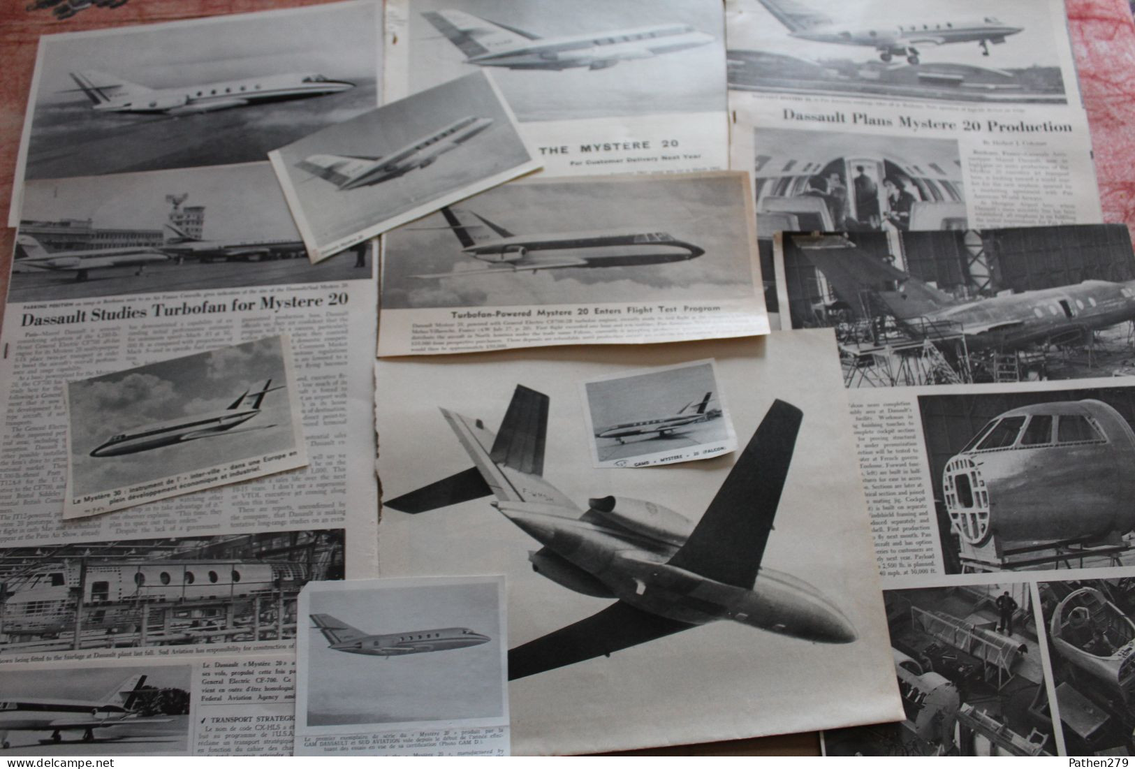 Lot de 314g d'anciennes coupures de presse de l'aéronef français Marcel Dassault Mystère/Falcon XX