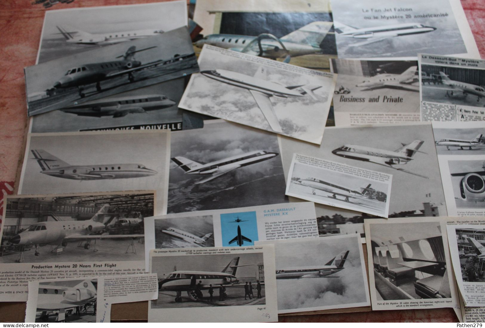 Lot de 314g d'anciennes coupures de presse de l'aéronef français Marcel Dassault Mystère/Falcon XX