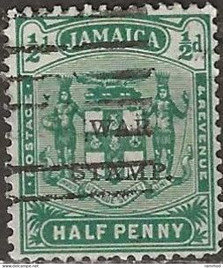 JAMAICA 1916 War Stamp - Arms Overprinted - ½d. - Green FU - Jamaica (...-1961)