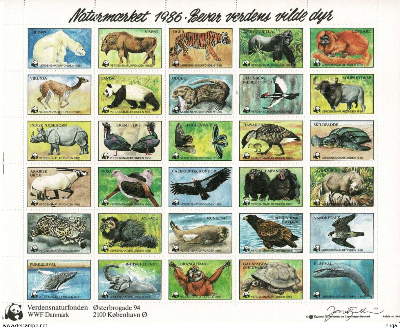 Denmark WWF 1986.  Sheet With 30 Labels;  Preserve Wildlife. - Otros & Sin Clasificación