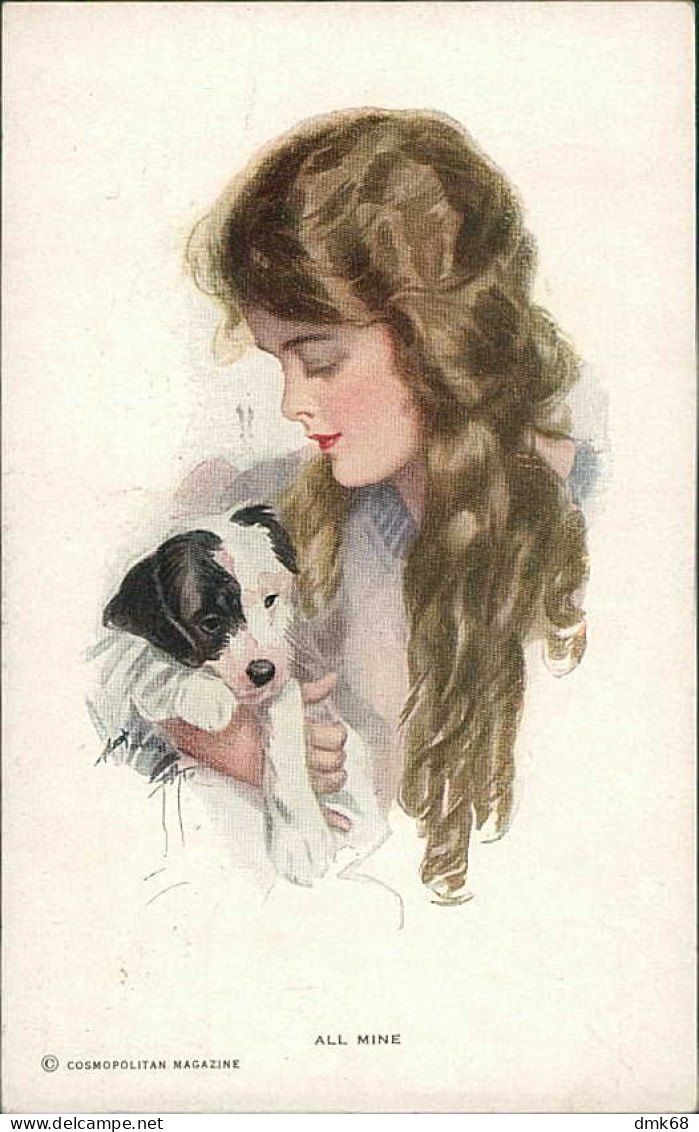 HARRISON FISHER SIGNED 1910s POSTCARD - GIRL & DOG - ALL MINE - EDIT REINTHAL & NEWMAN - N.635 (5308) - Fisher, Harrison