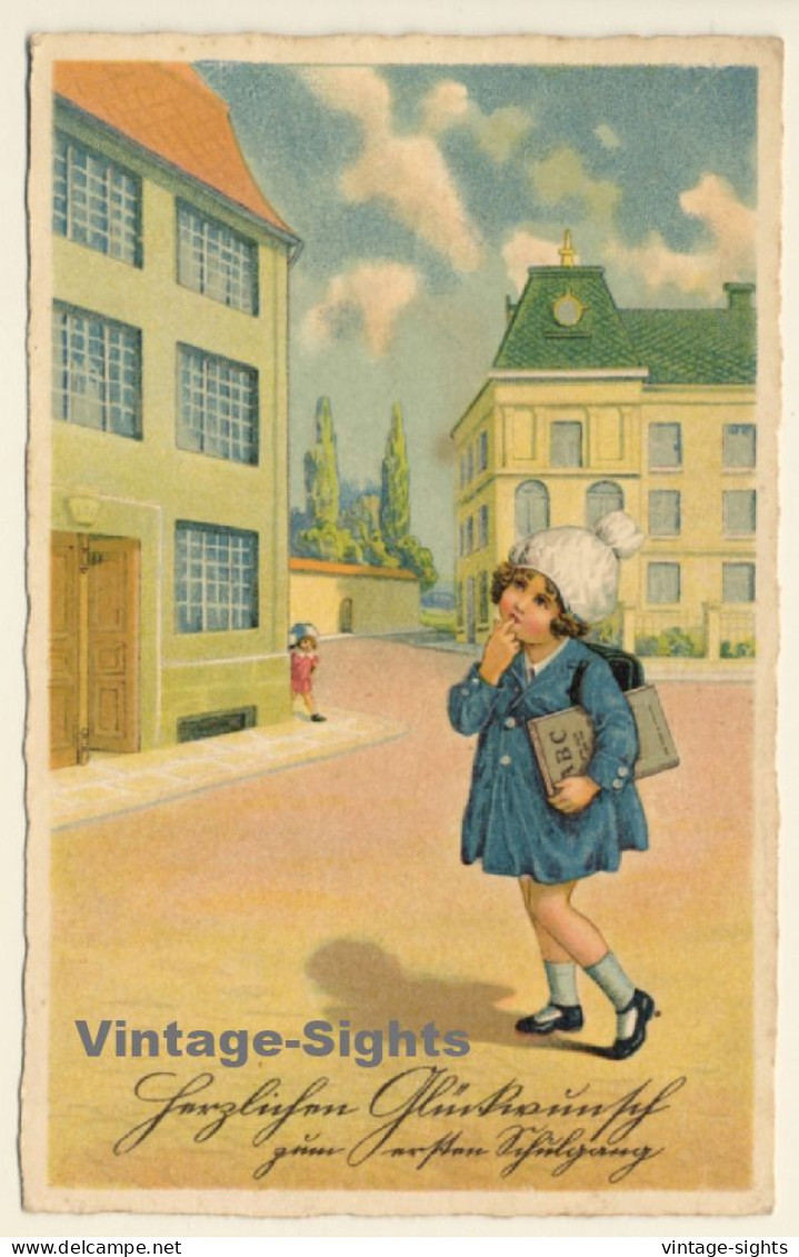 Little Girl With School Cone & Tornister *12 / Schultasche (Vintage PC 1943) - Schulen