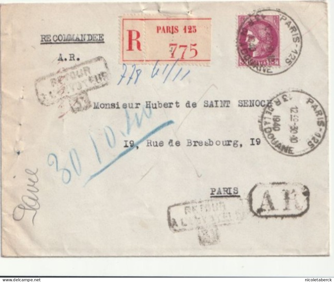 Cérès Recommandée AR Mention Zone Non Occupée + Contrôle Retour à L'envoyeur. - 1945-47 Cérès De Mazelin