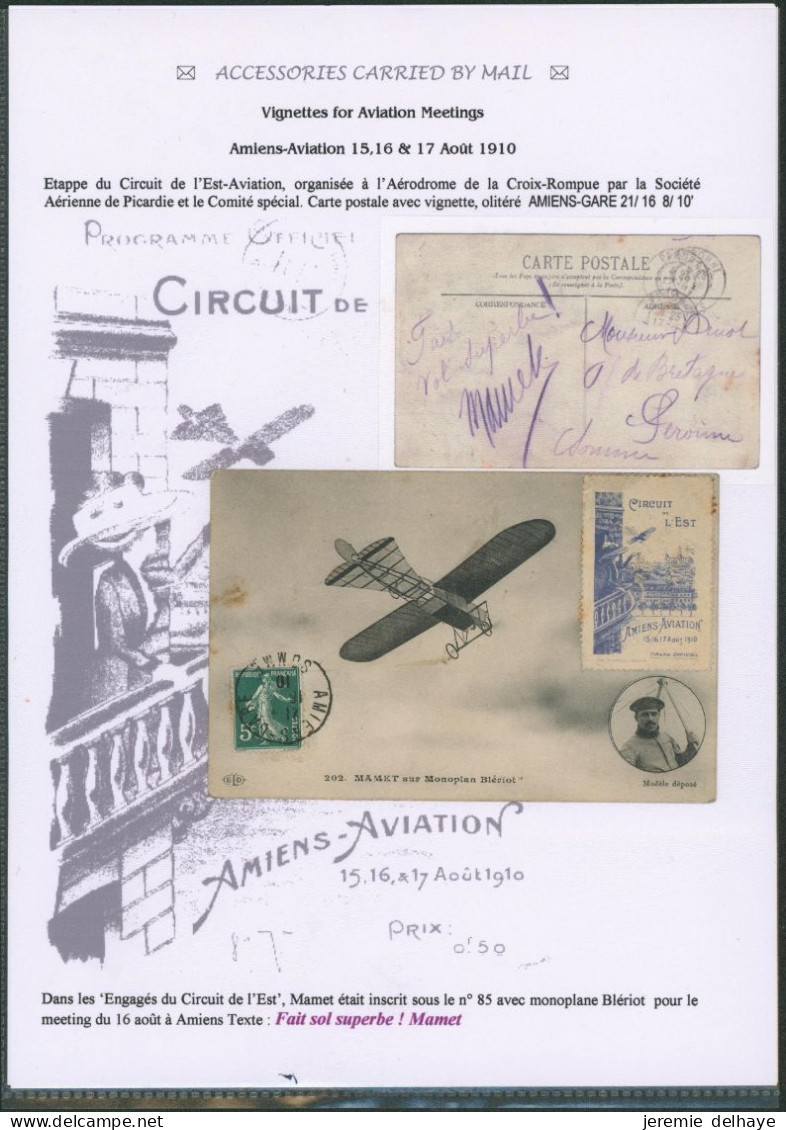 Erinnophilie - Meeting : CP Vue (Mamet Sur Monoplan) Voyagée + Vignette Circuit De L'est (Amiens-Aviation, 1910) - Aviación