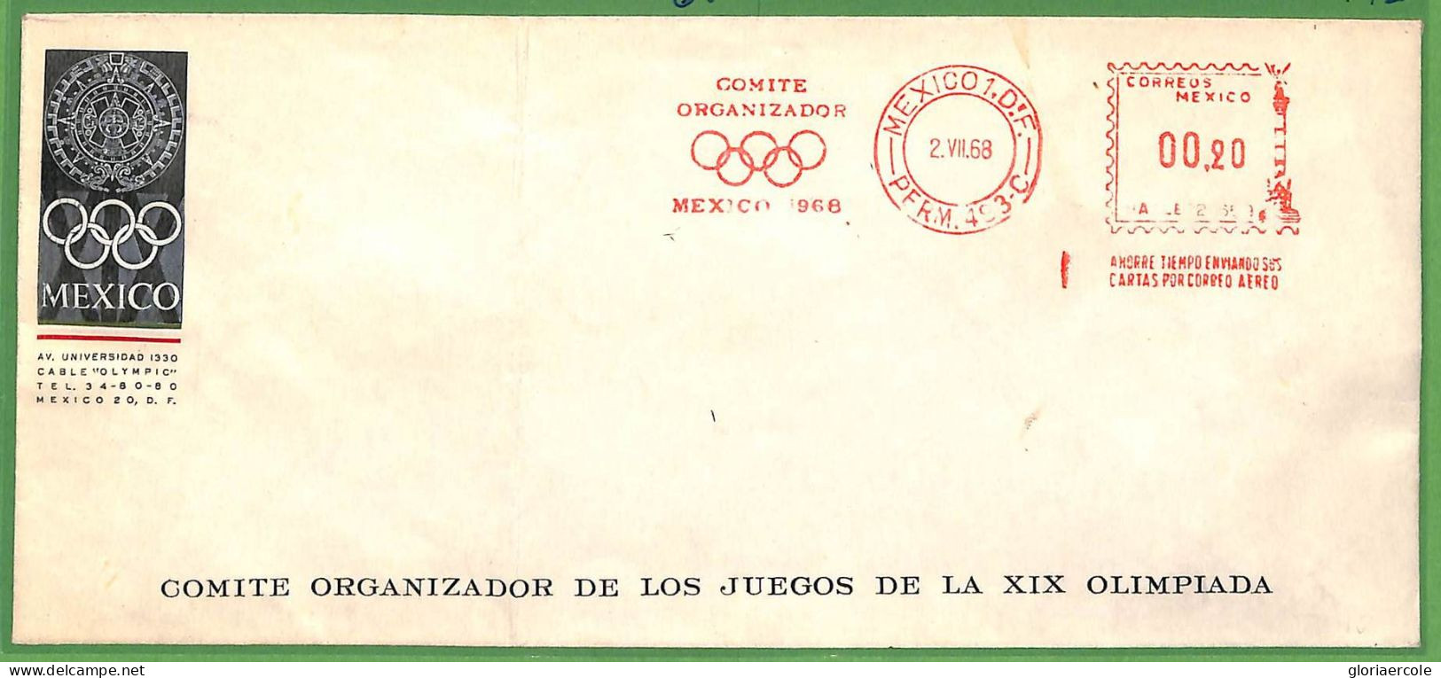 ZA1903 - MEXICO - POSTAL HISTORY - 1968 OLYMPIC Committee OFFICIAL STATIONERY Red Mechanical Postmark - Verano 1968: México