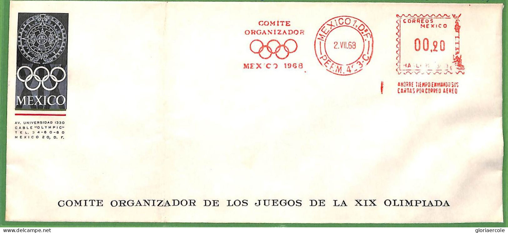 ZA1904 - MEXICO - POSTAL HISTORY - 1968 OLYMPIC Committee OFFICIAL STATIONERY Red Mechanical Postmark - Zomer 1968: Mexico-City