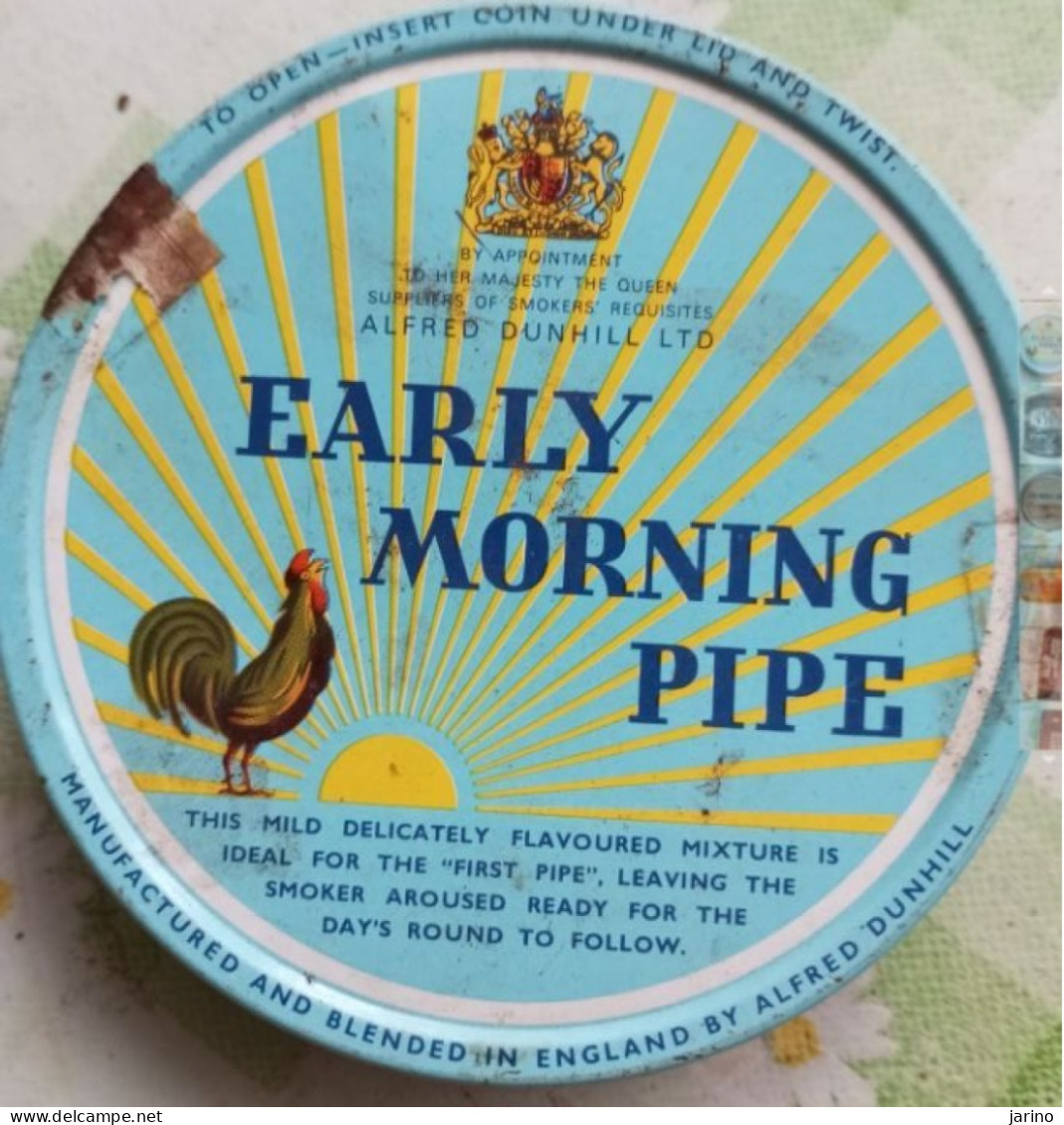 Ancient Empty Metal Tobacco Box EARLY MORNING PIPE, Made In England By Alfred Dunhill, Average 10,5 Cm - Empty Tobacco Boxes