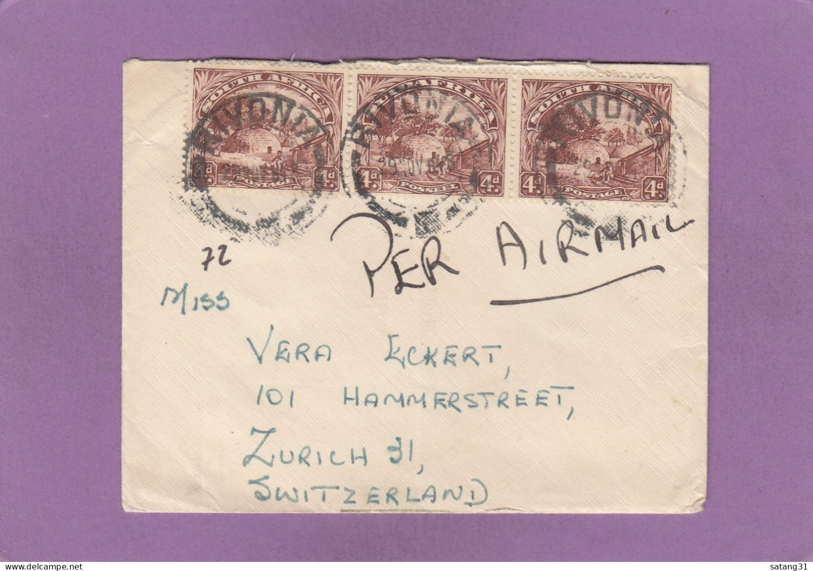 LETTRE PAR AVION DE RIVONIA POUR ZURICH,1948. - Luftpost