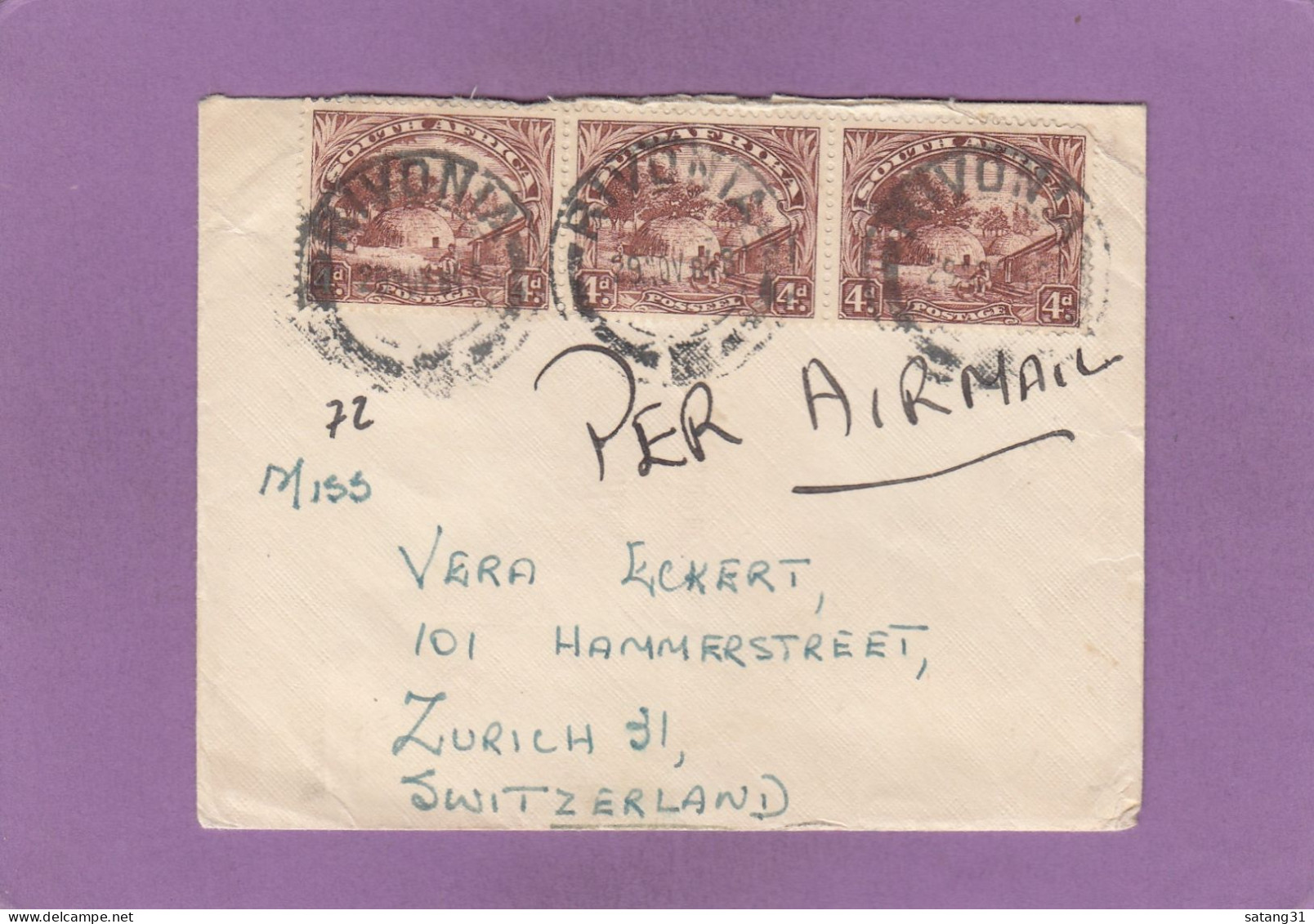 LETTRE PAR AVION DE RIVONIA POUR ZURICH,1948. - Airmail