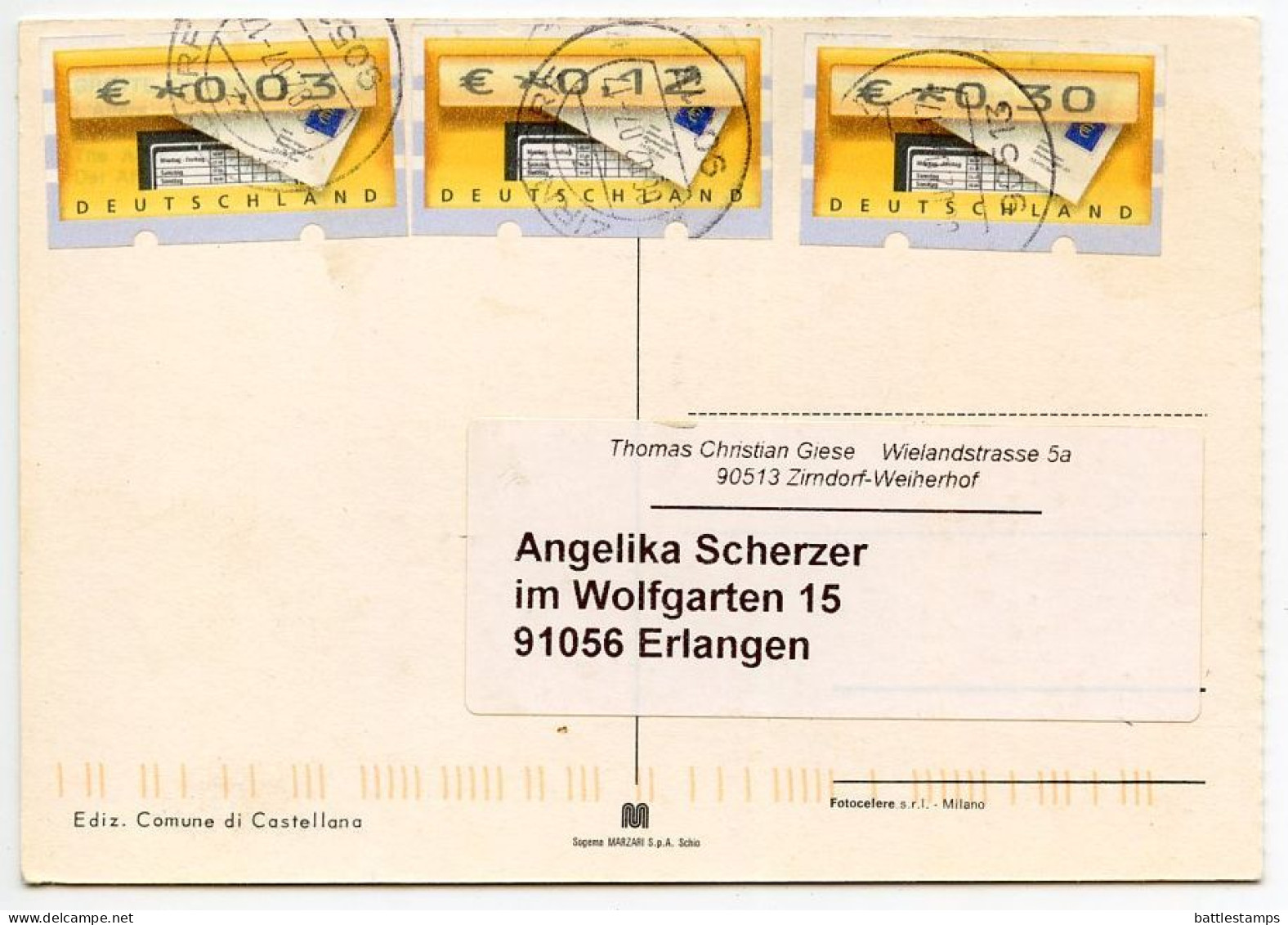 Italy 2007 Postcard Comune Di Castellana - Grotte / Cavern; Germany Postmarks & 3c., 12c. & 30c. ATM / Frama Stamps - Sonstige & Ohne Zuordnung