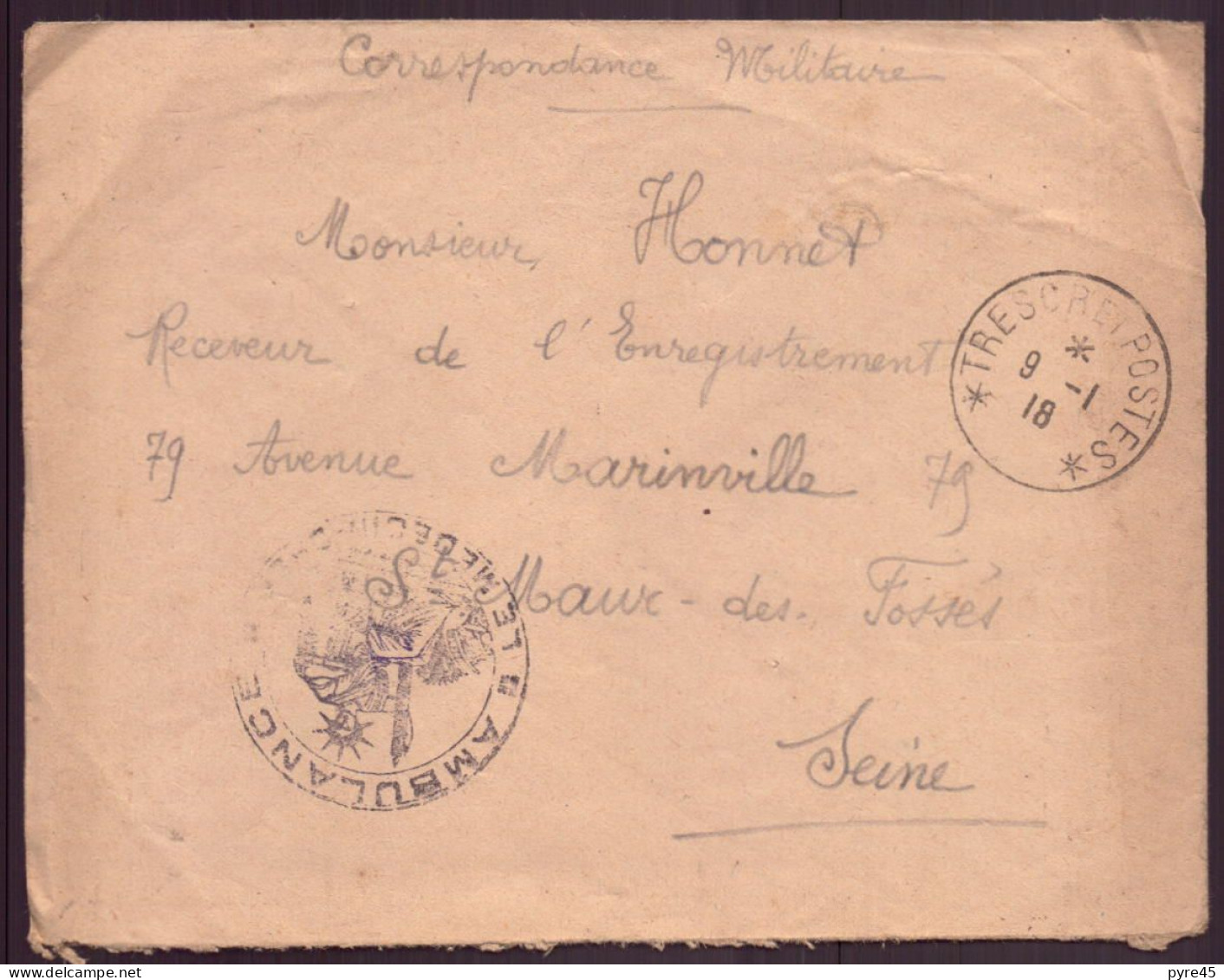 France, Enveloppe " Trésor Et Postes " Du 9 Janvier 1918 Pour Saint-Maur-des-Fossés, Cachet Ambulance - Autres & Non Classés