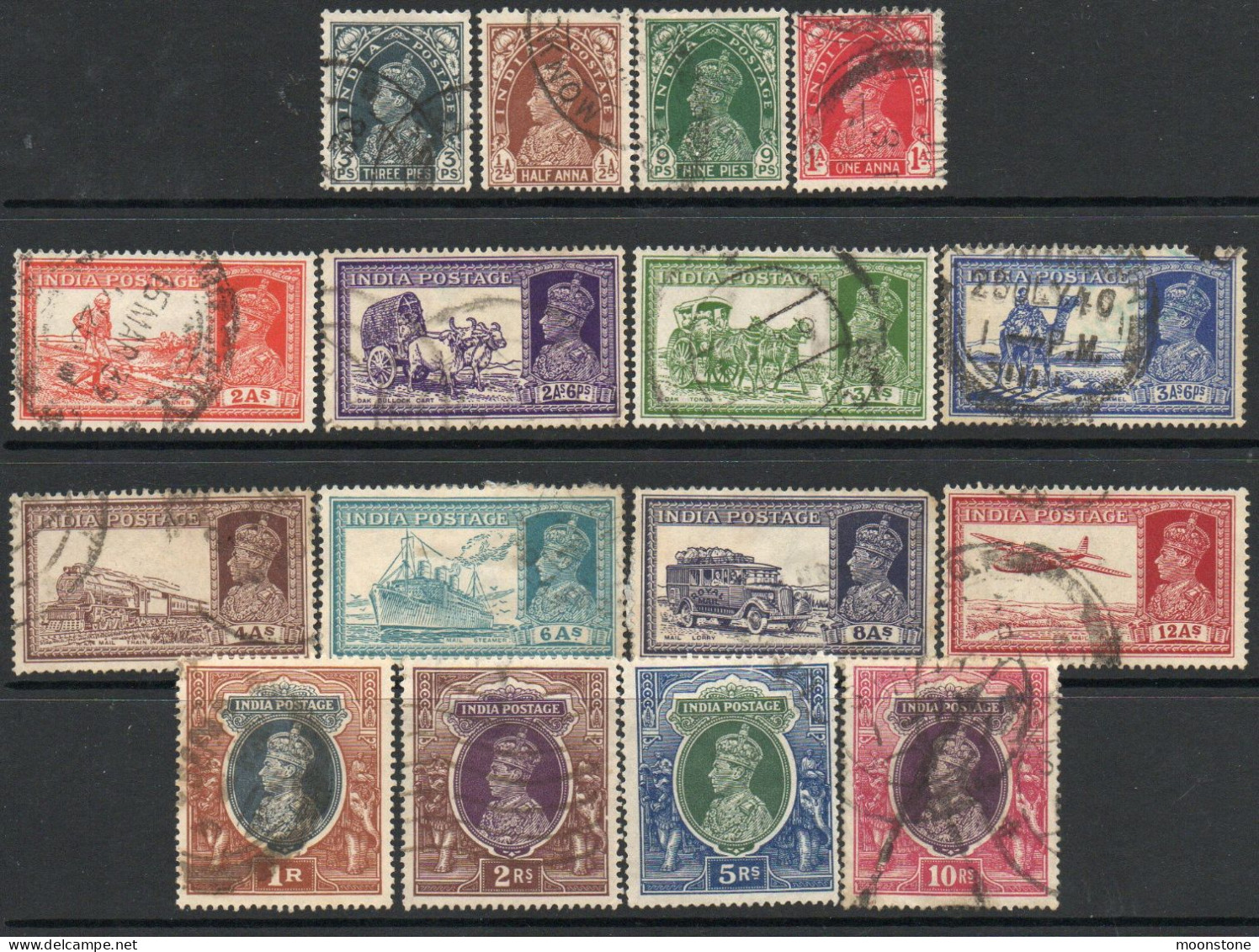 India 1937/40 GVI Definitives Part Set Of 16 To 10 Rupees, Wmk. Multiple Star, Used, SG 247/62 (E) - 1936-47 King George VI
