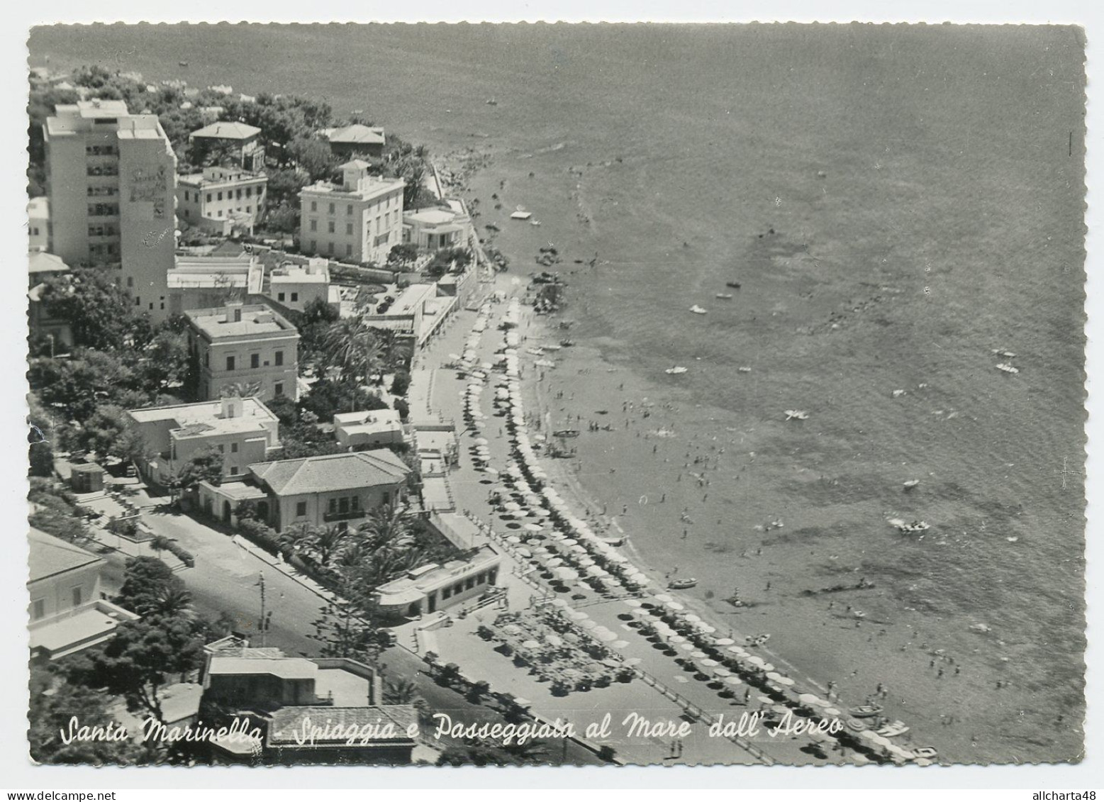 D7118] SANTA MARINELLA Roma SPIAGGIA E PASSEGGIATA A MARE Veduta Dall'aereo Cartolina Viaggiata 1955 - Panoramische Zichten, Meerdere Zichten