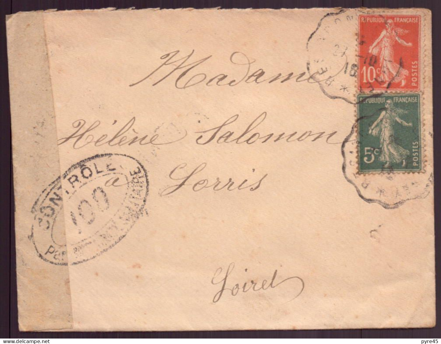 France, Enveloppe Du 27 Octobre 1918 Pour Lorris, Cachet Contrôle Postal Militaire - Sonstige & Ohne Zuordnung