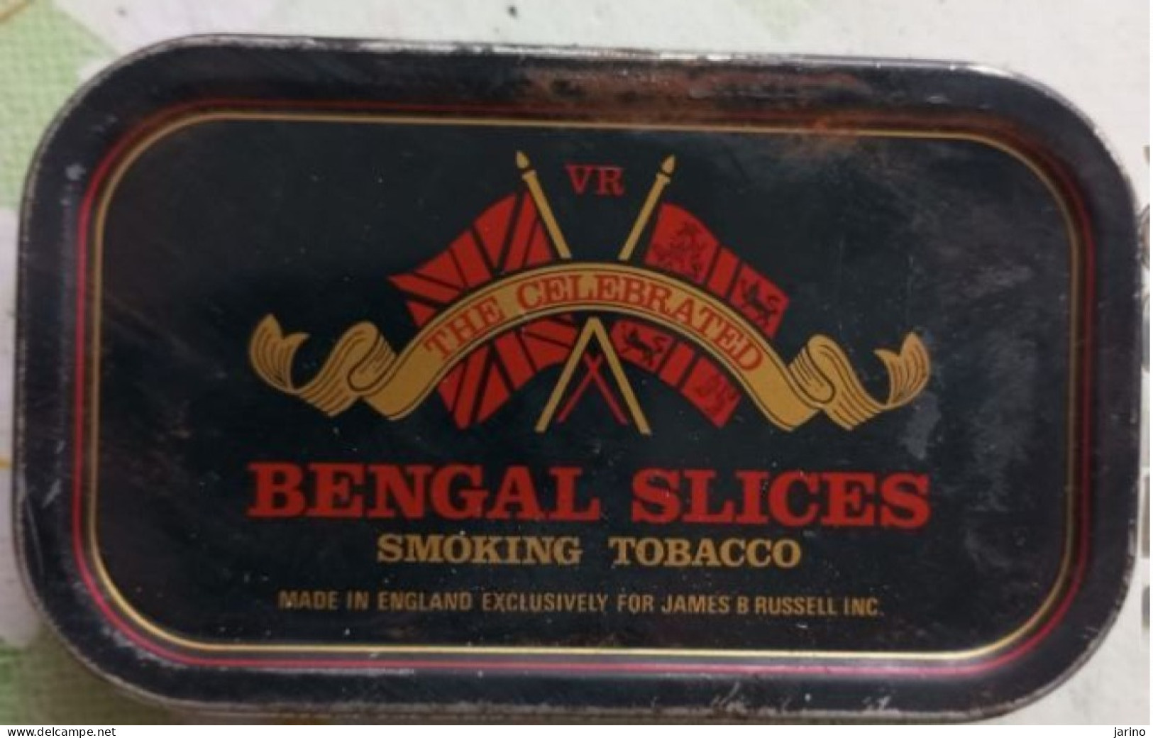 Ancient Empty Metal Tobacco Box The Celebrate BENGAL SLICES Smoking Tobacco,Made In England For Russell INC 9,5x5,5x2cm - Tabaksdozen (leeg)
