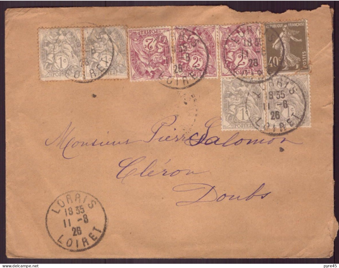 France, Enveloppe Du 11 Août 1926 De Lorris Pour Cléron ( Côte 4.40€ ) - Sonstige & Ohne Zuordnung