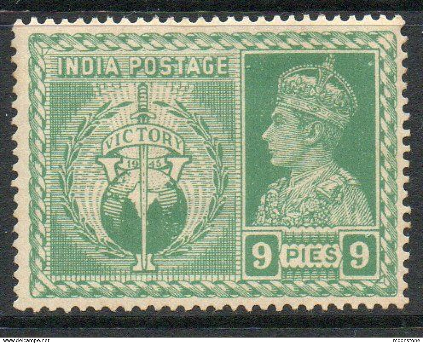 India 1946 GVI Victory 9 Pies Yellow-green, Wmk. Multiple Star, Heavily Hinged Mint, SG 278 (E) - 1936-47 King George VI