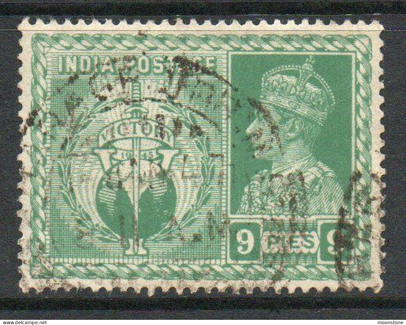 India 1946 GVI Victory 9 Pies Yellow-green, Wmk. Multiple Star, Used, SG 278 (E) - 1936-47  George VI