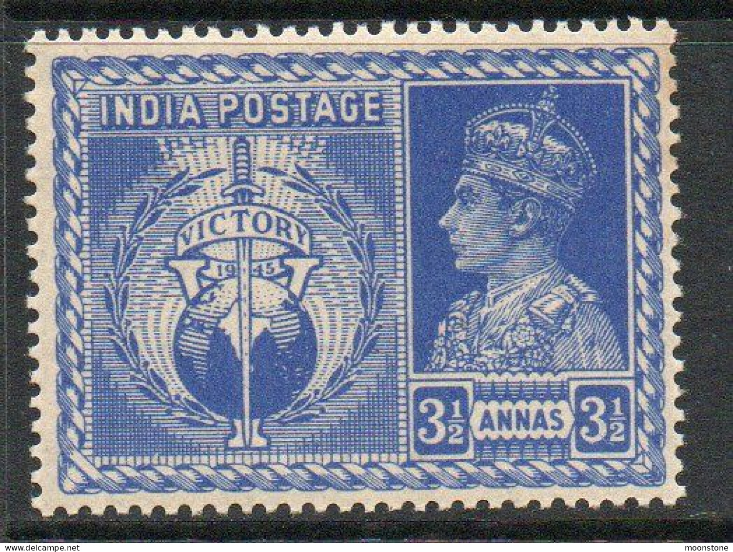 India 1946 GVI Victory 3½ Annas Bright Blue, Wmk. Multiple Star, MNH, SG 280 (E) - 1936-47 King George VI