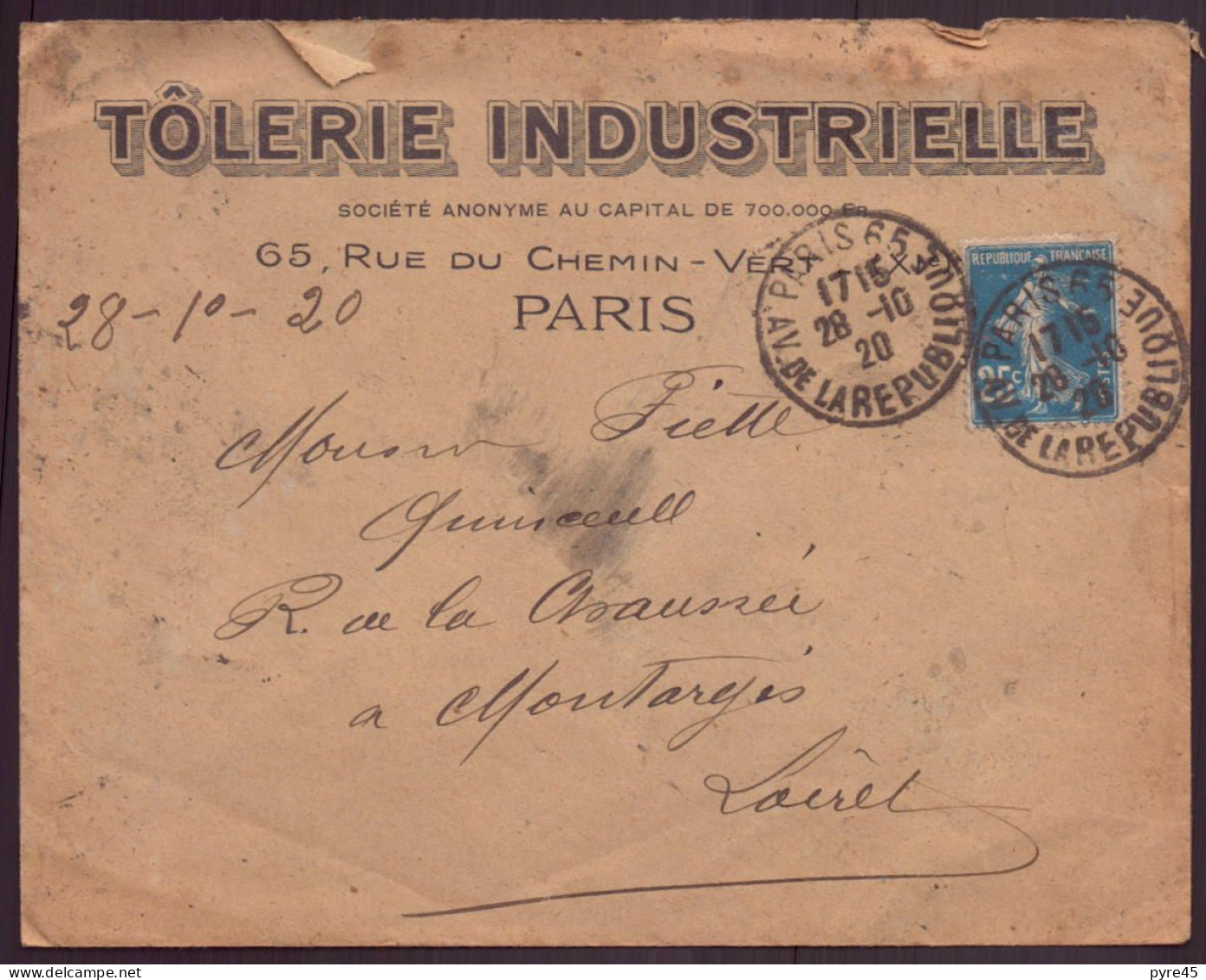 France, Enveloppe à En-tête " Tôlerie Industrielle, Paris " Du 28 Octobre 1920 Pour Montargis - Autres & Non Classés