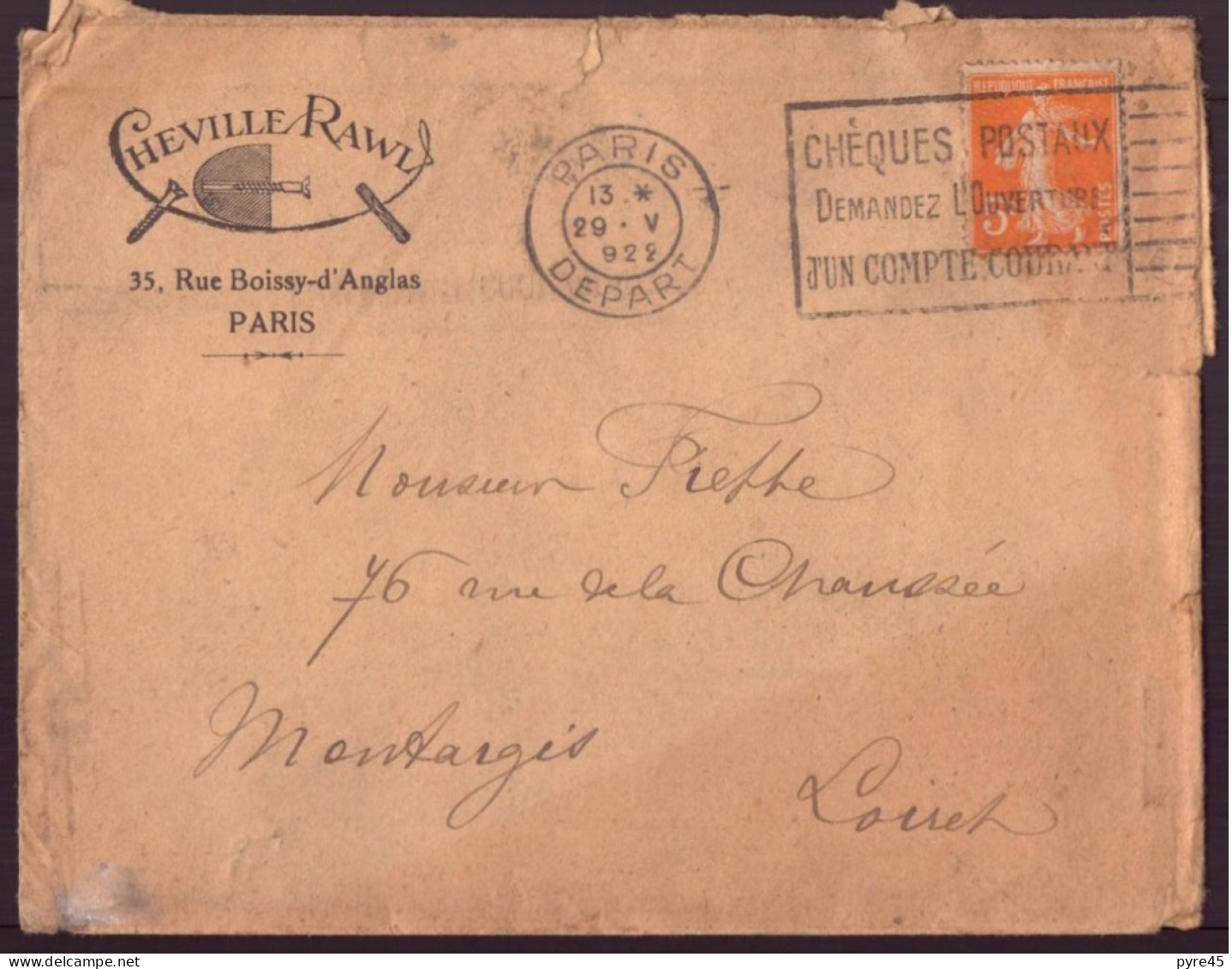 France, Enveloppe à En-tête " Cheville Rawl, Paris " Du 29 Mai 1922 Pour Montargis - Altri & Non Classificati
