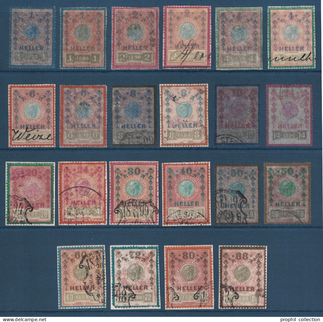 LOT SÉRIE De 22 TIMBRES FISCAUX Sur BEAUDRUCHE D'AUTRICHE HONGRIE De 1898 Avec VALEURS EN HELLER STEMPELMARKE REVENUE - Fiscaux