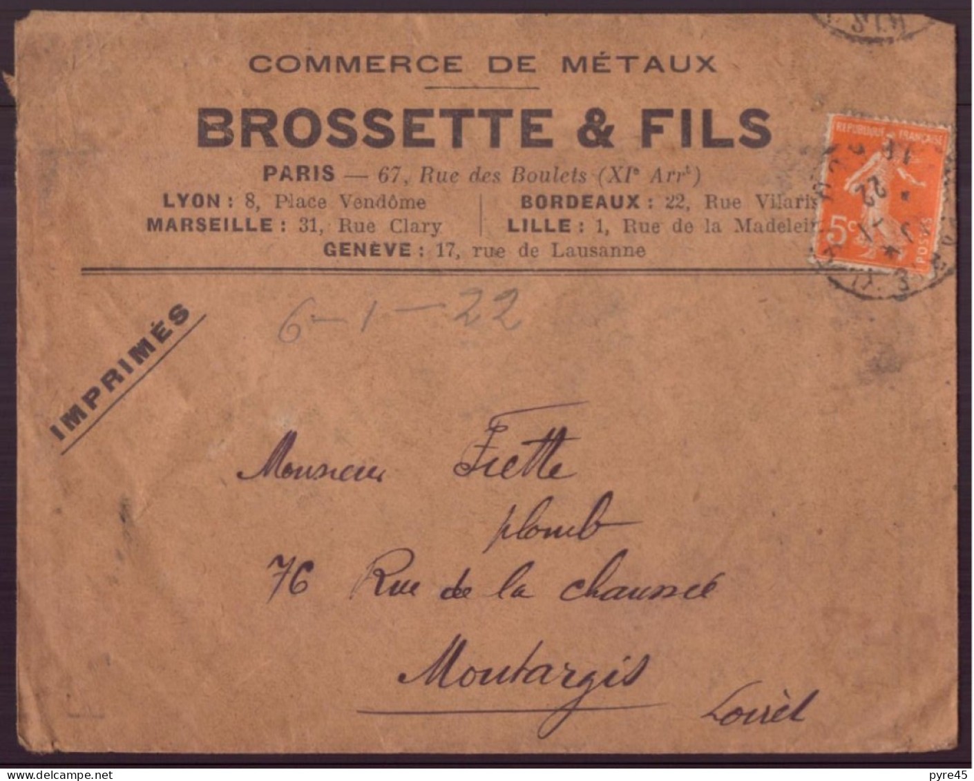 France, Enveloppe à En-tête " Brossette & Fils, Commerce De Métaux, Lille " 1922 Pour Montargis - Otros & Sin Clasificación