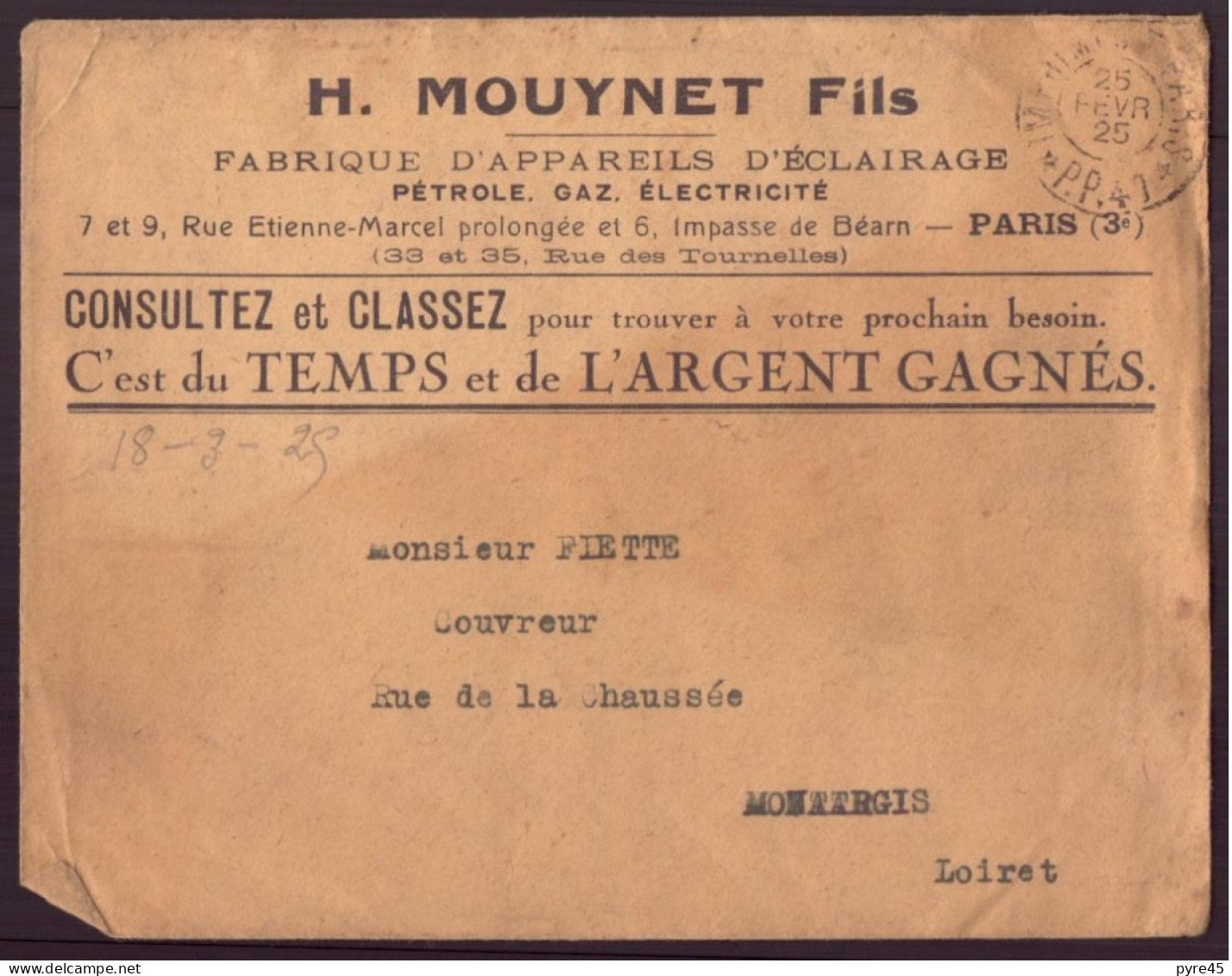 France, Enveloppe à En-tête " Mouynet Fils, Appareils D'éclairage, Paris " Du 25 Février 1925 Pour Montargis - Sonstige & Ohne Zuordnung