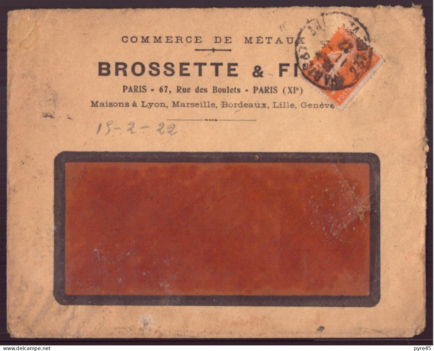 France, Enveloppe à En-tête " Brossette & Fils, Commerce De Métaux, Paris " 1922 - Sonstige & Ohne Zuordnung