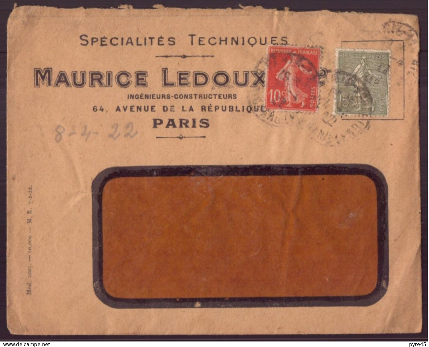 France, Enveloppe à En-tête " Ledoux, Spécialités Techniques, Paris " Du 8 Avril 1922 - Altri & Non Classificati