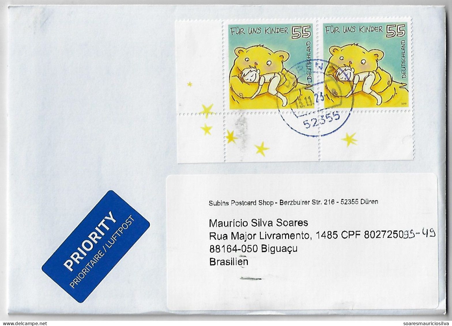 Germany 2023 Priority Cover From Düren To Biguaçu Brazil Pair Of Stamp For Us Children Bear Holding A Child Sheet Corner - Lettres & Documents