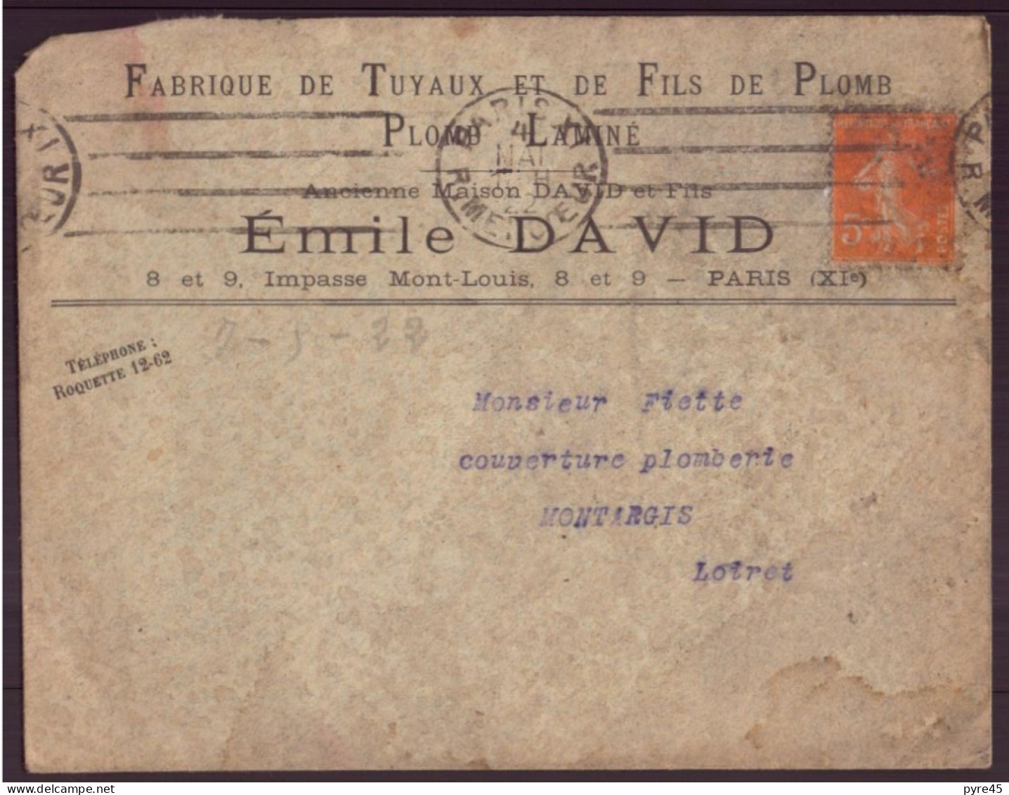 France, Enveloppe à En-tête " David, Fabrique De Tuyaux, Fils De Plomb, Paris " Du 4 Mai 1922 Pour Montargis - Andere & Zonder Classificatie