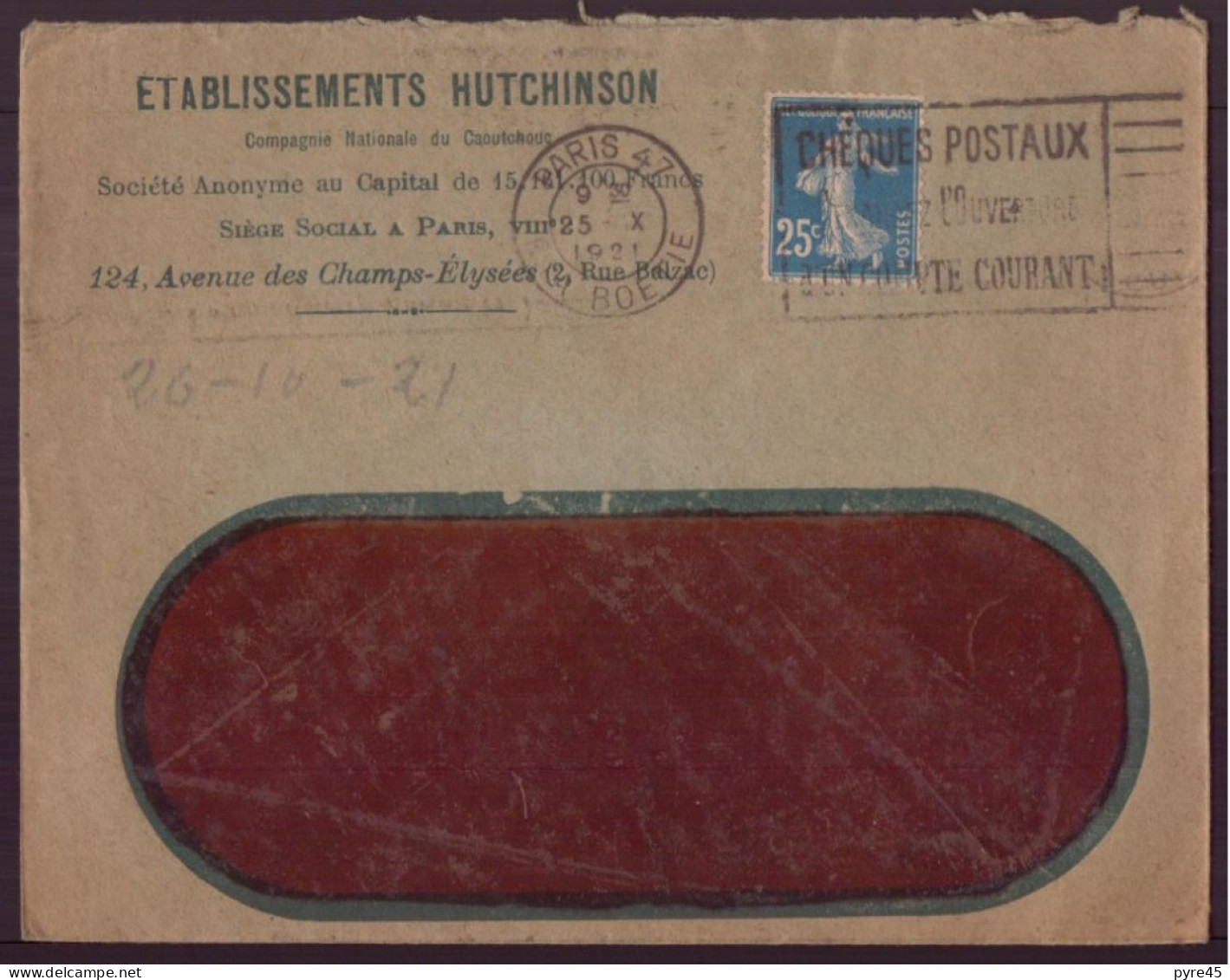 France, Enveloppe à En-tête " Ets Hutchinson, Paris  " Du 26 Octobre 1921 - Altri & Non Classificati