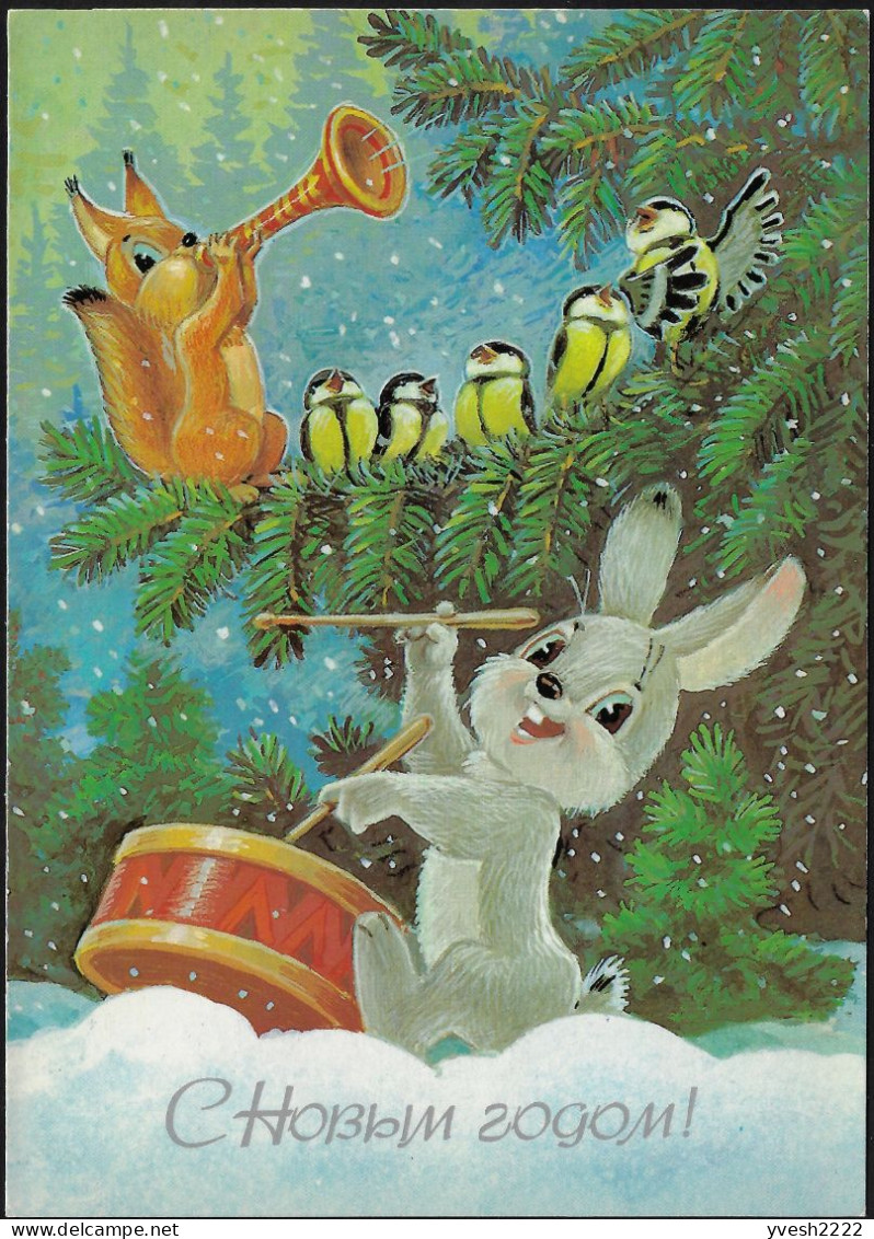 URSS 1987. Carte, Entier Postal. Nouvel An, Lapin Et Tambour, écureuil Soufflant Dans Un Instrument, Oiseaux Au Chant - Conejos
