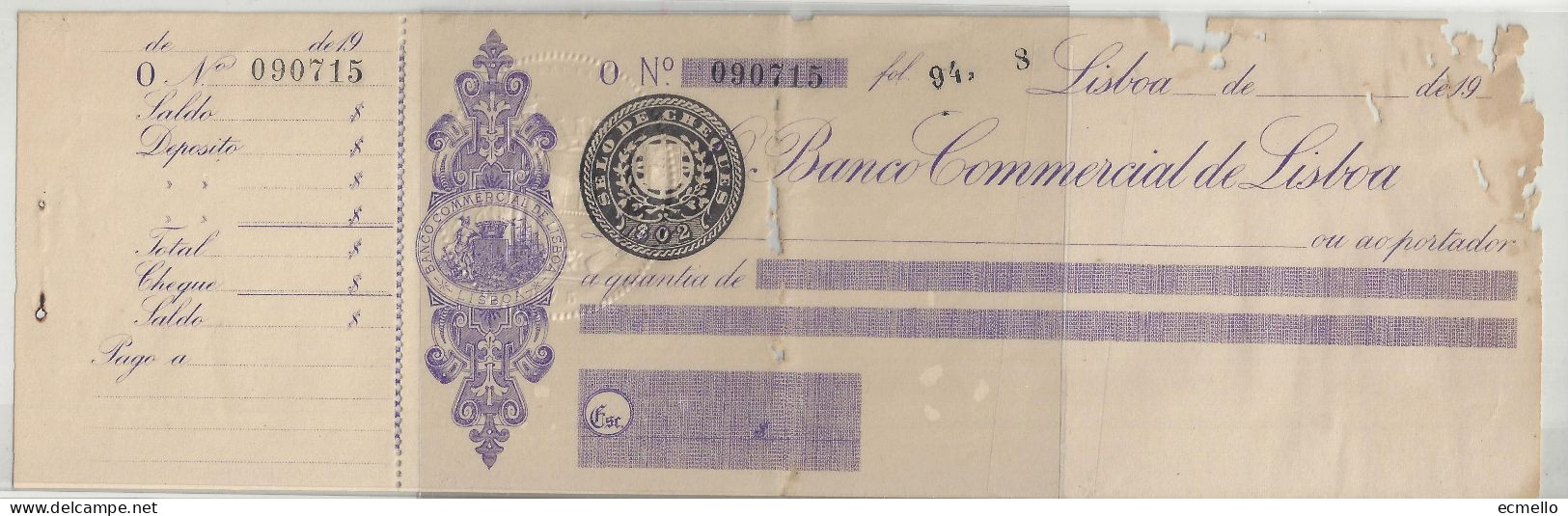 PORTUGAL CHEQUE CHECK BANCO COMERCIAL DE LISBOA 1910'S SCARCE - Schecks  Und Reiseschecks