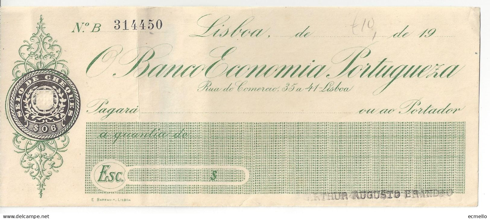 PORTUGAL CHEQUE CHECK BANCO ECONOMIA PORTUGUESA 1930'S SCARCE - Cheques & Traveler's Cheques