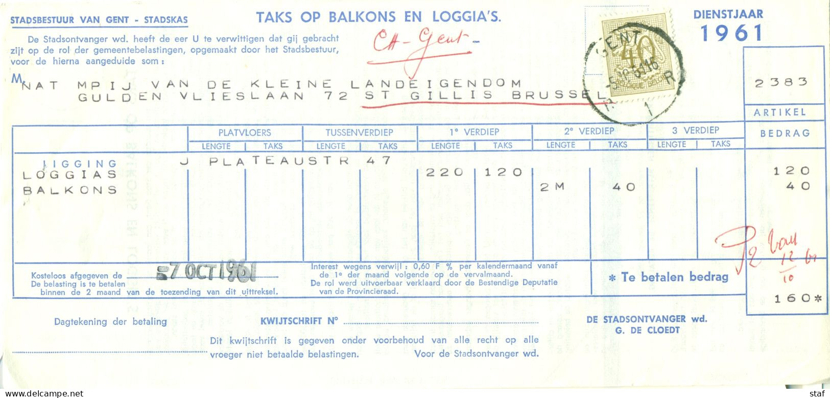 Stad Gent - Taks Op Balkons En Loggia's Dienstjaar 1961 - 1950 - ...