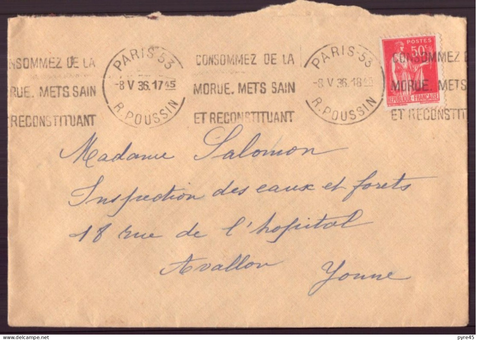 France, Enveloppe Du 8 Mai 1936 De Paris Pour Avallon - Otros & Sin Clasificación