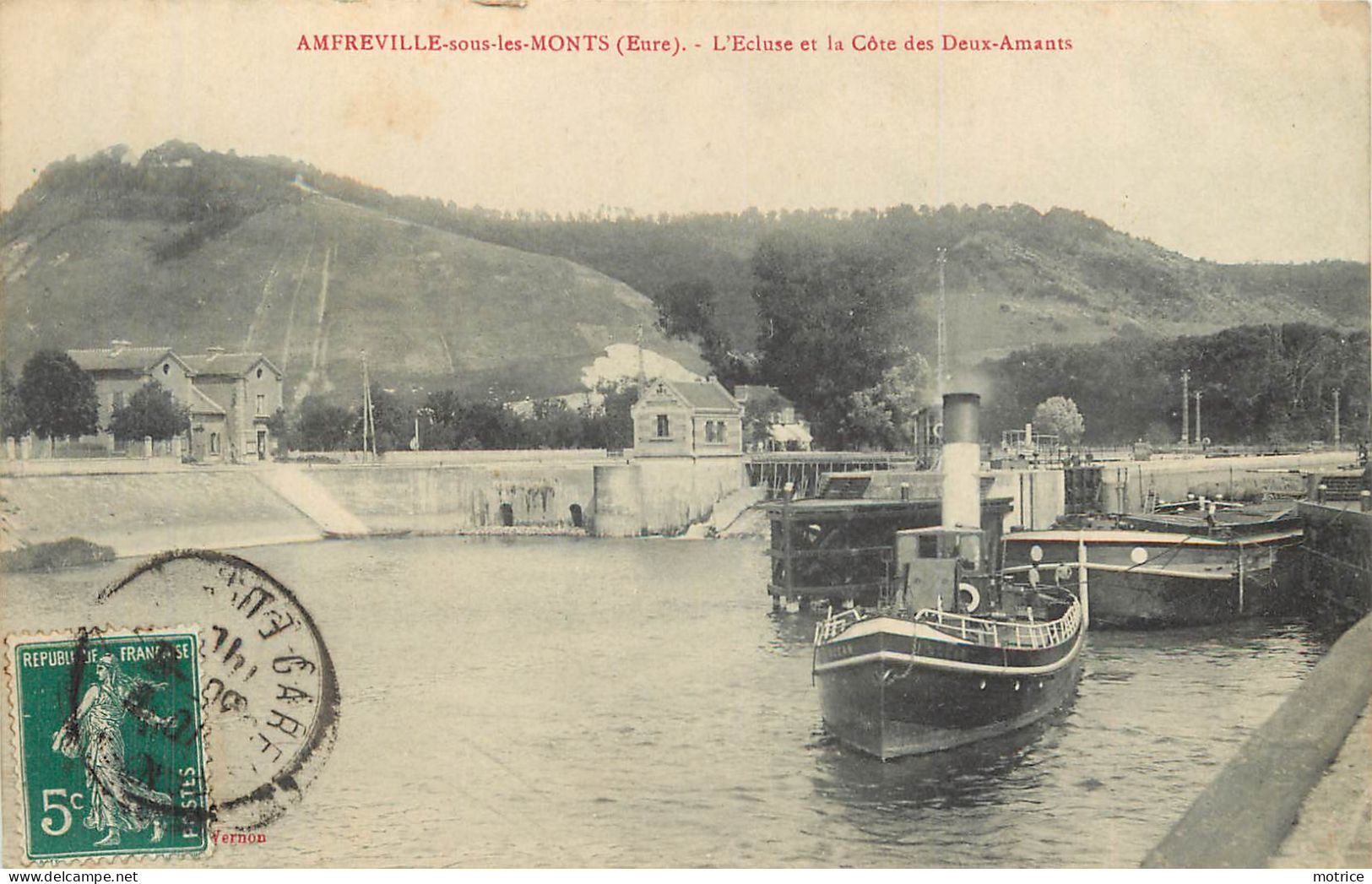 AMFREVILLE SOUS LES MONTS - L'écluse Et La Côte Des Deux Amants, Remorqueur Et Péniche. - Remorqueurs