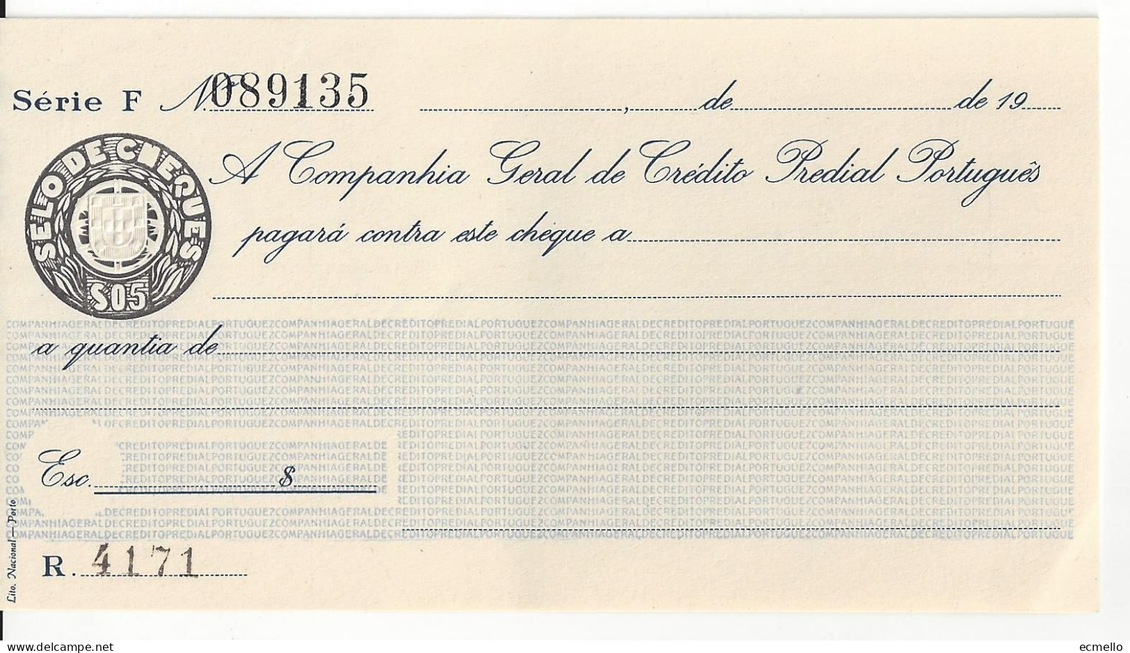 PORTUGAL CHEQUE CHECK BANCO CIA. GERAL DE CRÉDITO PREDIAL PORTUGUÊS,  1950'S SCARCE - Cheques & Traveler's Cheques