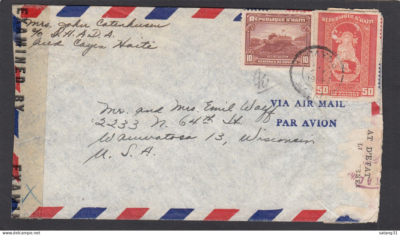 LETTRE PAR AVION DE LES CAYES POUR LES U.S.A.,OUVERTE PAR LA CENSURE HAITIENNE ET US,1944. - Haïti