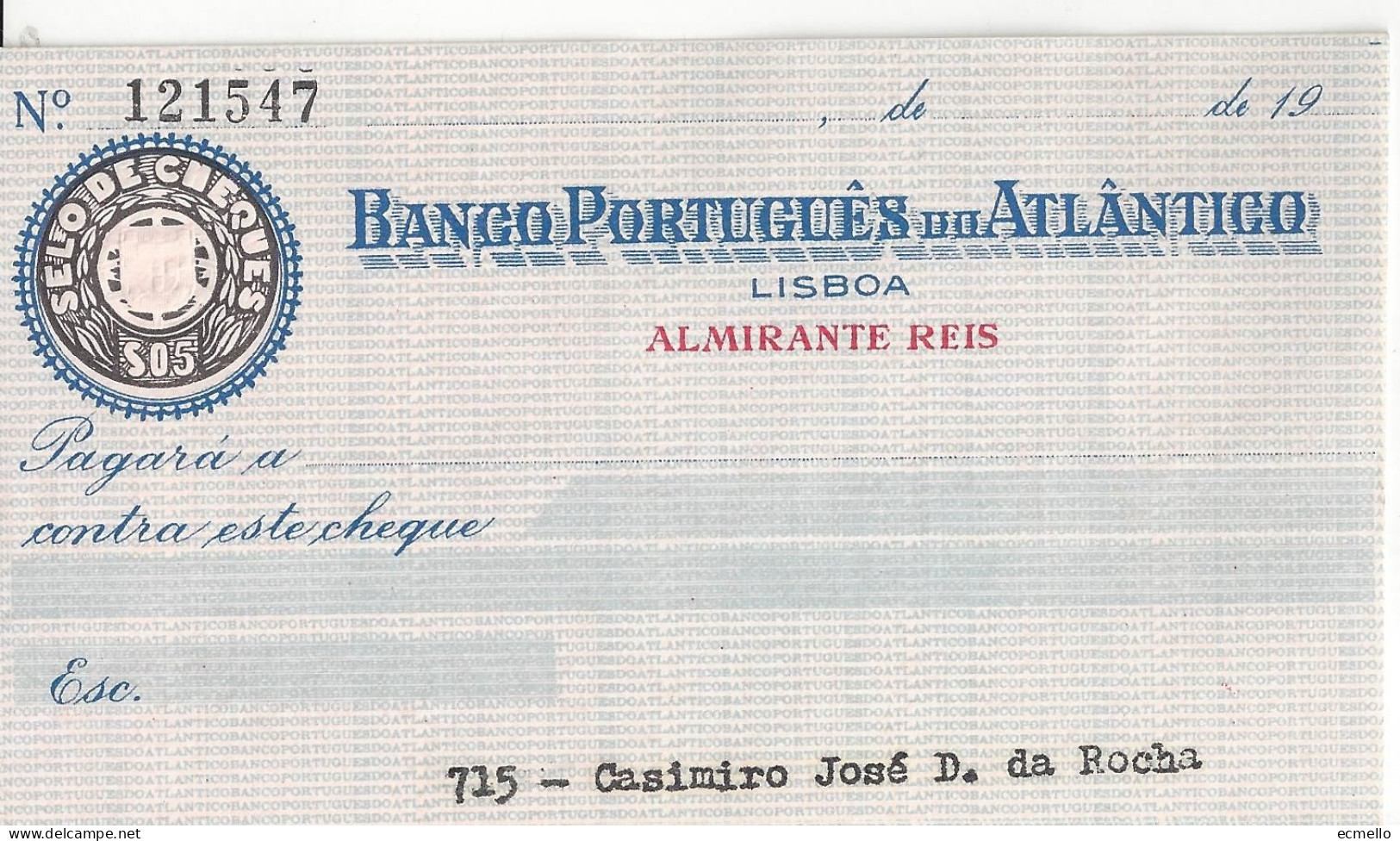 PORTUGAL CHEQUE CHECK BANCO PORTUGUÊS DO ATLÂNTICO, 1950'S, AZUL - Assegni & Assegni Di Viaggio