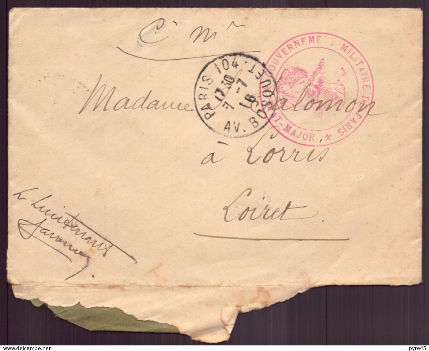 France, Enveloppe , Cachet " Gouvernement Militaire, Etat-major " Du 7 Juillet 1916 De Paris Pour Lorris - Otros & Sin Clasificación