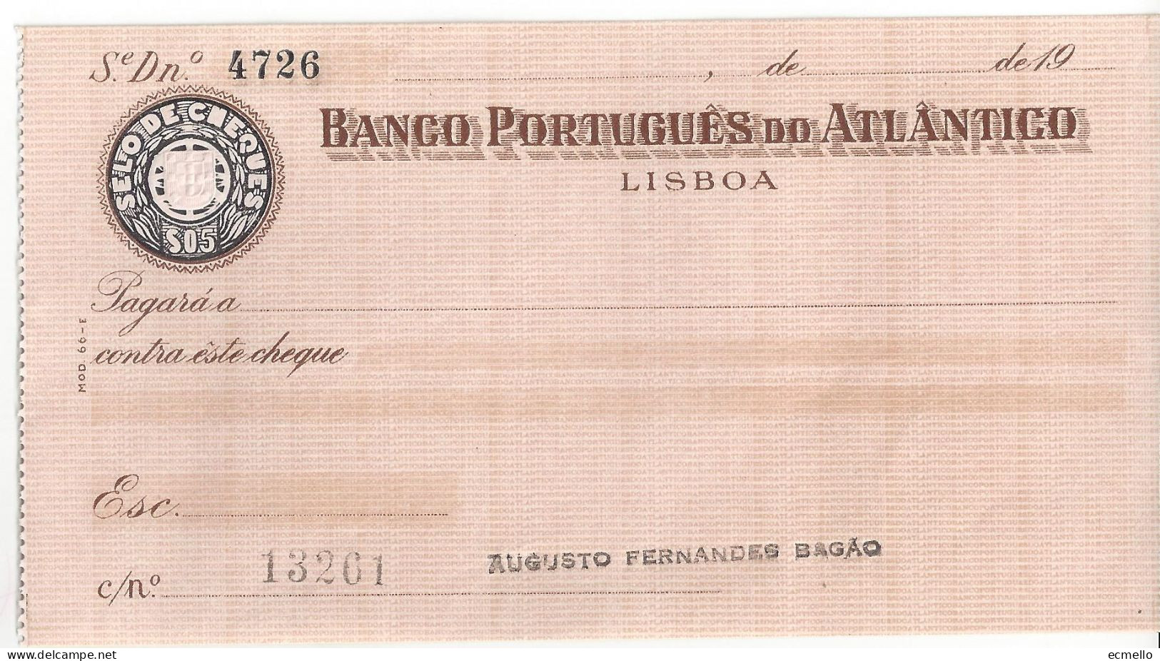 PORTUGAL CHEQUE CHECK BANCO PORTUGUÊS DO ATLÂNTICO, 1950'S, BROWN - Assegni & Assegni Di Viaggio