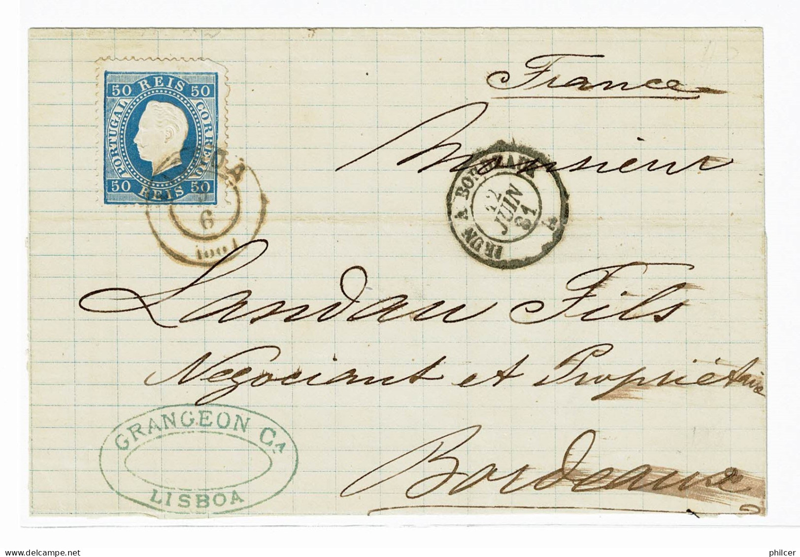 Portugal, 1881, # 50c Dent. 13 1/2, Tipo II, For Bordeaux - Storia Postale